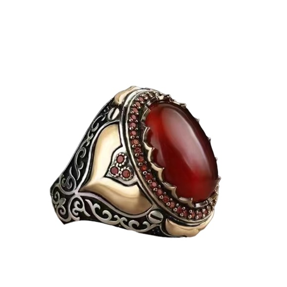 Silver with Gold Accents Red Ruby Unisex Ring - Picture 7 of 8